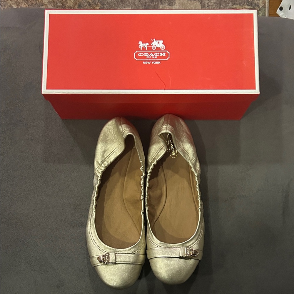 Coach Women's Metallic Gold Ballet Flats with Logo Buckle - Picture 3 of 4